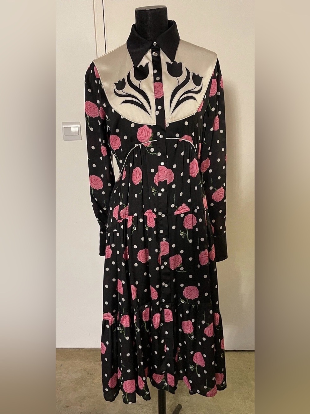 Paco Rabanne Black Floral Long-Sleeve Dress with Pink Roses